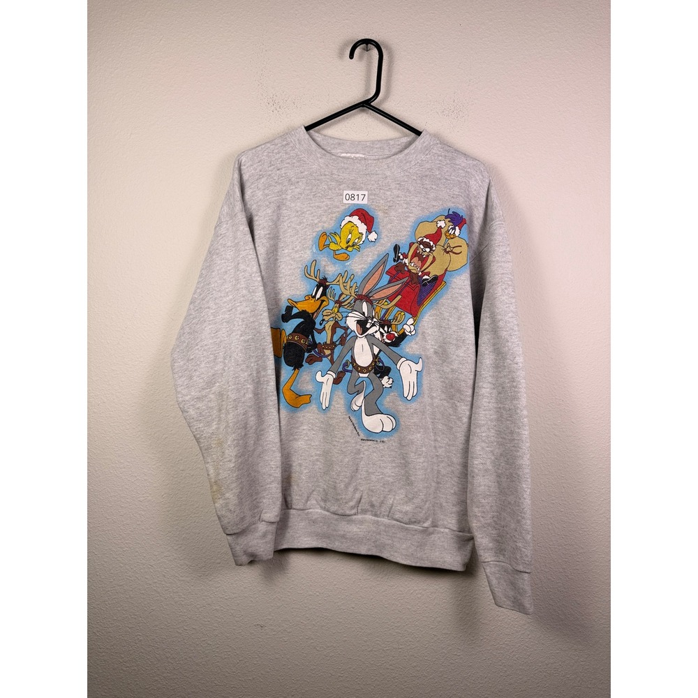 Vintage 1994 Looney Tunes Christmas Sweatshirt Tultex Gray Bugs Bunny Mens Large